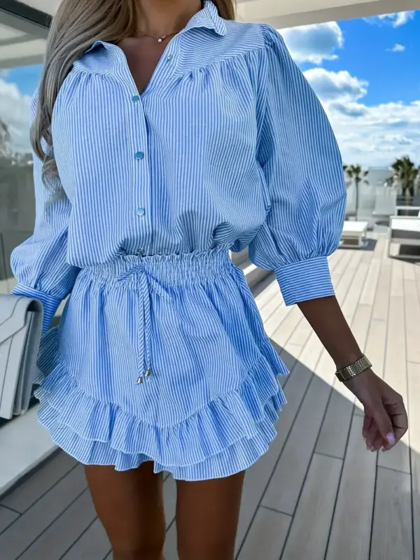 Blue striped shirt and striped culottes two-piece set - Image 2