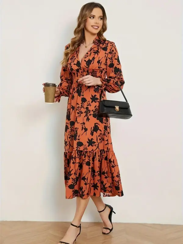 Women's long sleeve high waist floral dress - Image 3